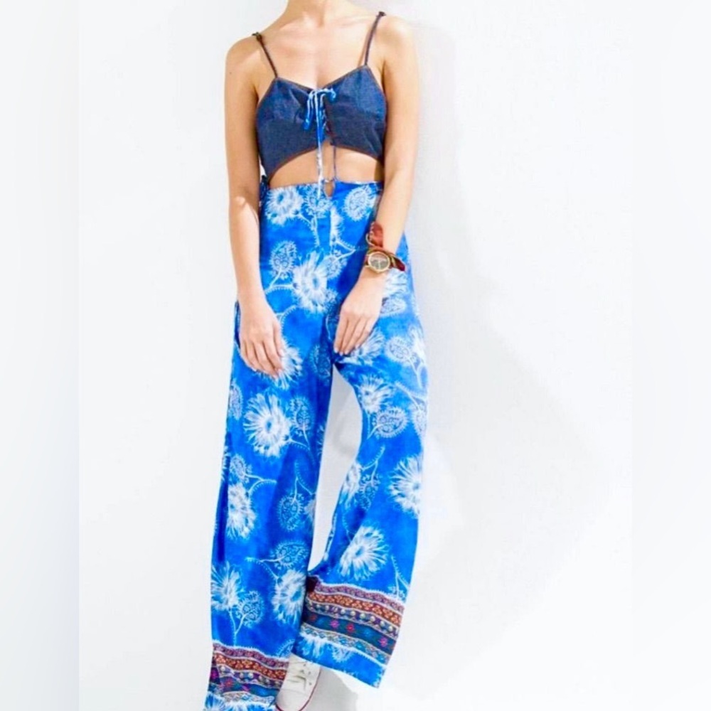 FARM Rio Blue Tie-Dye Floral Wide-Leg Pants
